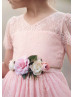 Pink Lace High Low Flower Girl Dress With Floral Sash